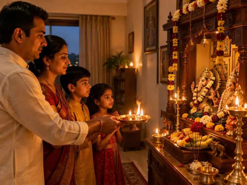 A family doing aarti together at their home temple