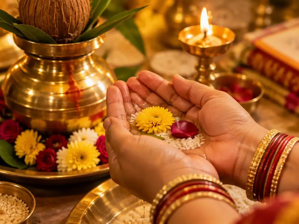 Hands holding rice and a flower while taking sankalp